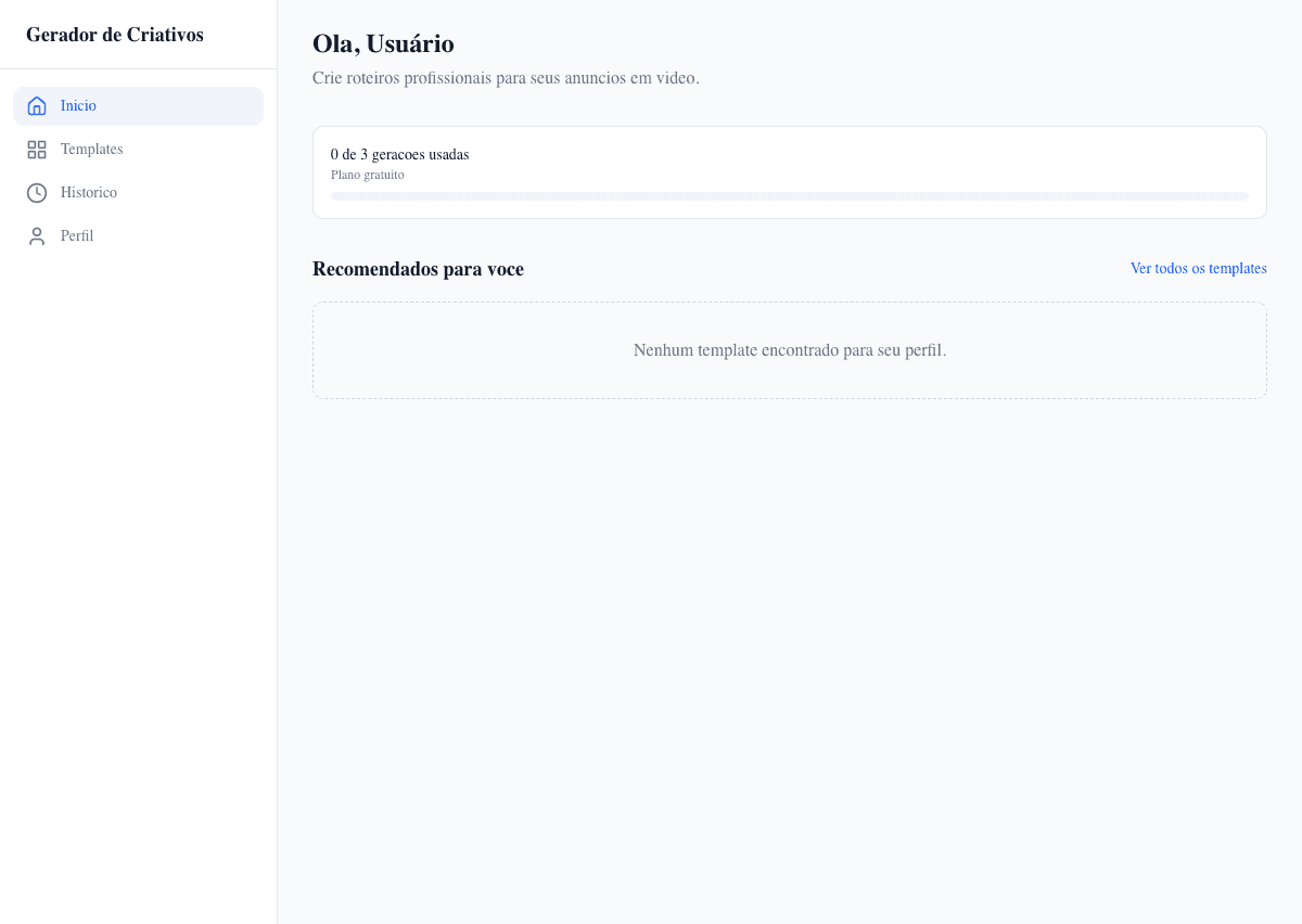 Dashboard com a biblioteca de templates pós-onboarding.
